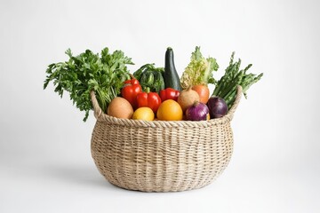 A wicker basket overflowing with fresh, colorful vegetables and fruits on a white background.