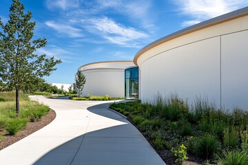 A modern, curved building exterior with a smooth pathway, surrounded by greenery and under a clear blue sky.