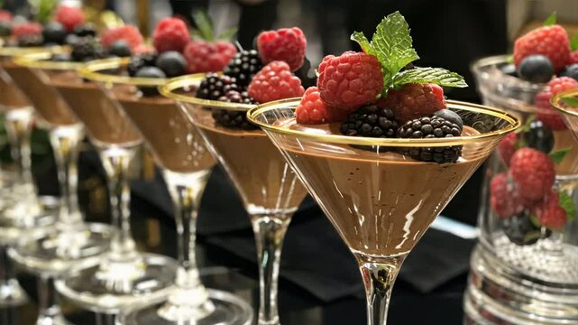 Delicious chocolate mousse dessert with fresh berries, raspberry, and blackberry, garnished with mint in elegant glasses, sweet gourmet treat for any occasion.