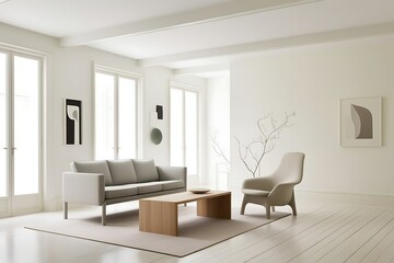 Minimalist living room with sofa, armchair, and coffee table.