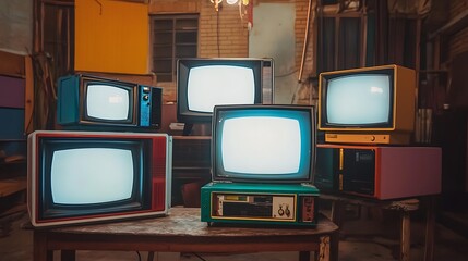 VCR and antiquated vintage TVs with blank white screens on a vintage table
