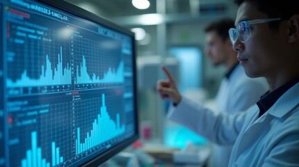 Close-up of a scientist reviewing genetic test data on a high-tech interface in a lab. Realistic photo style, industrial quality.