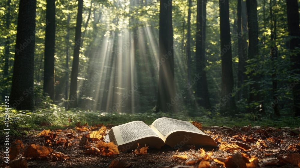 Poster a book on the forest floor with sunlight streaming through the trees, creating a peaceful atmosphere