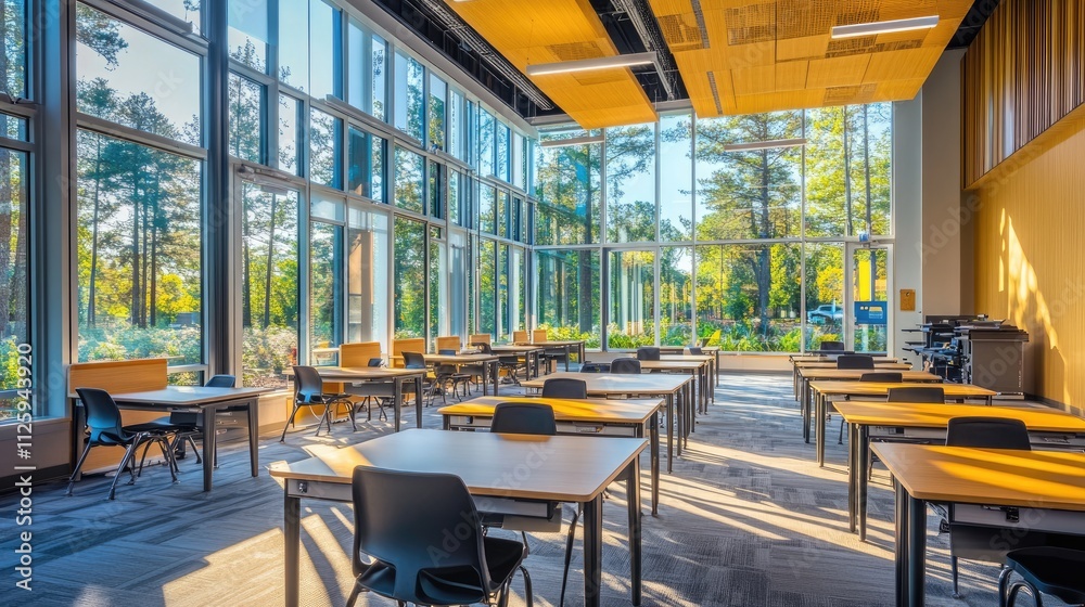 Poster a bright and spacious modern classroom with large windows, clean desks, and an open, inviting atmosp