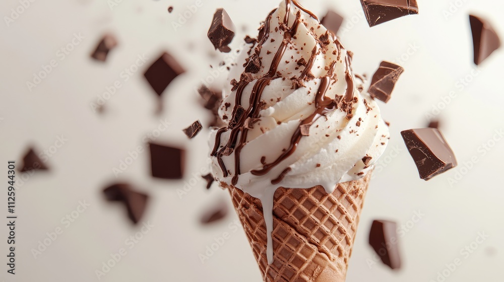 Poster A chocolate ice cream cone with icing dripping down and chocolate chunks falling into it, creating a delightful dessert scene.