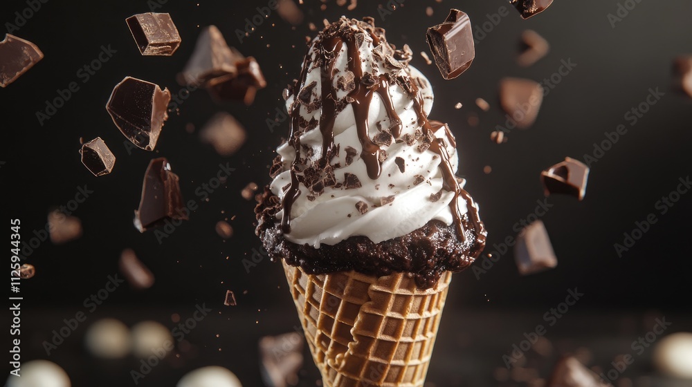 Poster A chocolate ice cream cone with icing dripping down and chocolate chunks falling into it, creating a delightful dessert scene.