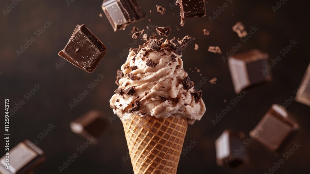 Poster A chocolate ice cream cone with icing dripping down and chocolate chunks falling into it, creating a delightful dessert scene.