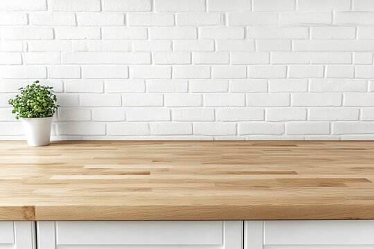 Fototapeta Empty light wood countertop against white brick wall with small plant.