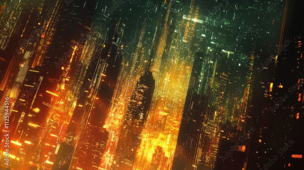 Poster a city glowing with data streams, representing the fast-moving and interconnected nature of a modern