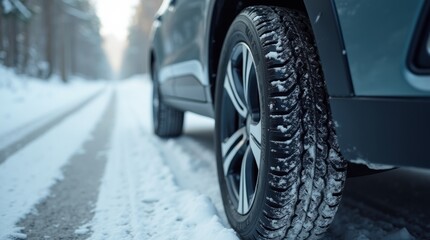 Close-up of a winter-ready spare tire with visible deep treads for snow grip, placed next to a car on a snow-covered road, highlighting winter preparation and safety.