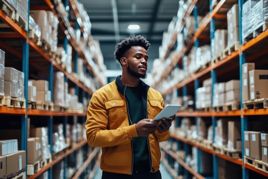A fulfillment center with rows of shelves stacked with e-commerce products, where workers are using handheld devices to pick and pack orders for delivery.