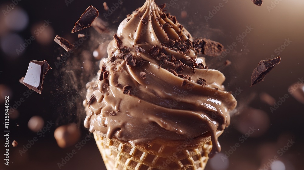Poster a close-up of a chocolate ice cream cone with creamy icing dripping down and chocolate pieces fallin