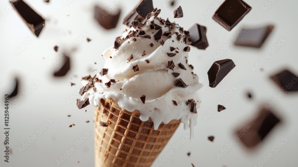 Poster a close-up of a chocolate ice cream cone with creamy icing dripping down and chocolate pieces fallin