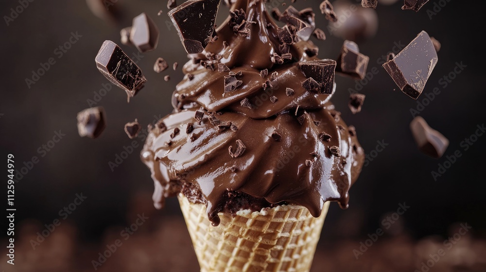 Poster a close-up of a chocolate ice cream cone with icing cascading over and falling into chocolate pieces