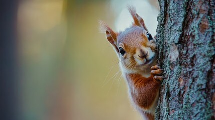 Adorable Red Squirrel peeking from behind a tree trunk