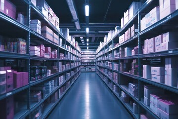 A fulfillment center with rows of shelves stacked with e-commerce products, where workers are using handheld devices to pick and pack orders for delivery.