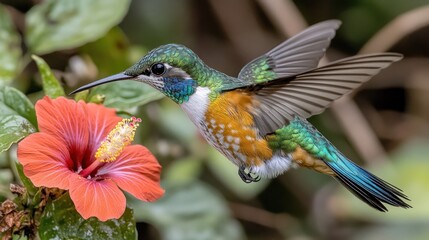 Obraz premium Hummingbird feeding on a hibiscus flower.