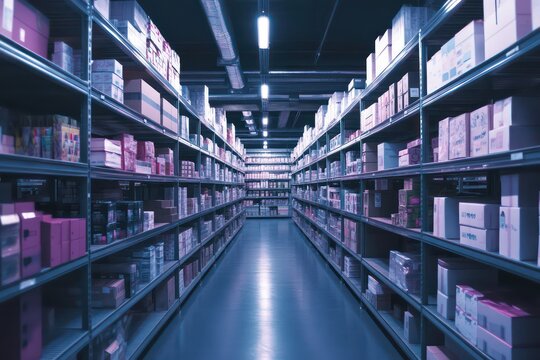 A fulfillment center with rows of shelves stacked with e-commerce products, where workers are using handheld devices to pick and pack orders for delivery.