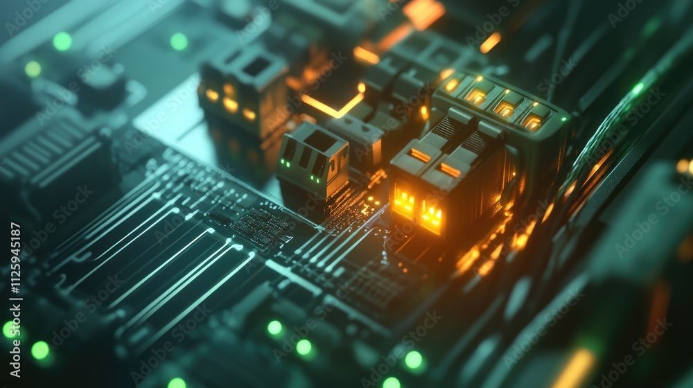 Poster a close-up of a network switch with glowing ports and data cables, illustrating a digital communicat