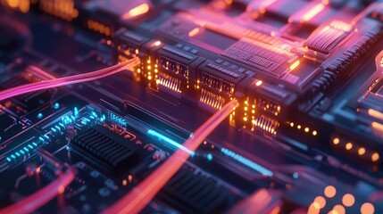 A close-up of a network switch with glowing ports and data cables, illustrating a digital communication network.