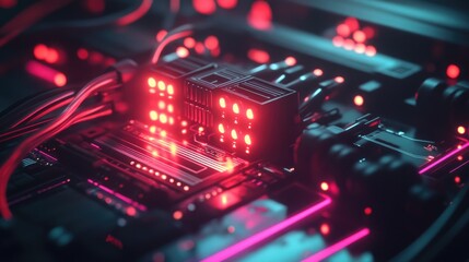 A close-up of a network switch with glowing ports and data cables, illustrating a digital communication network.