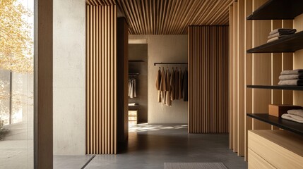 Obraz premium Minimalist Interior Design with Wood Paneling and Shelving