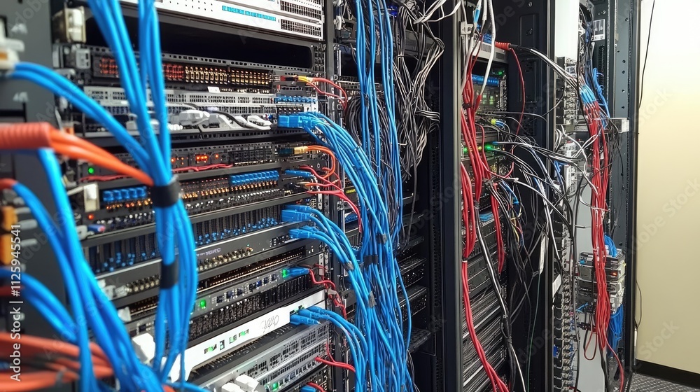 Aufkleber A complex IT network setup with multiple servers, data cables, and high-tech equipment in a server room.