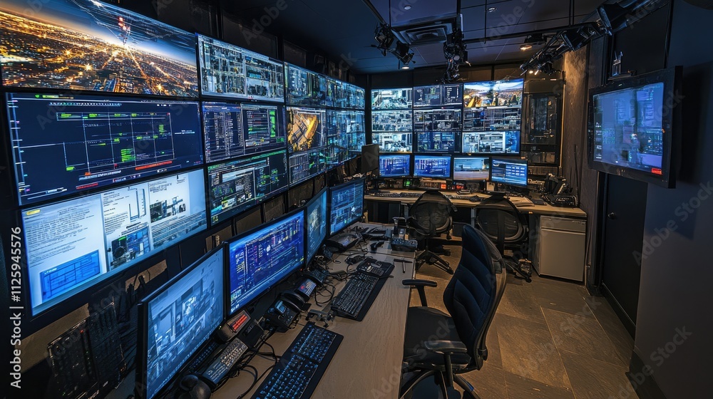 Poster A command center with multiple high-tech screens and surveillance, showcasing a busy operation monitoring various systems.