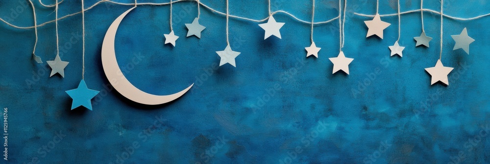 Poster Whimsical paper-crafted moon and stars hang from strings against a layered blue texture, creating a magical holiday atmosphere perfect for events. Generative AI