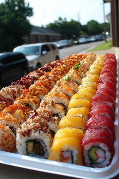 Delicious sushi platter streetside restaurant food photography urban environment close-up viewpoint culinary delight