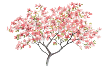 Blooming pink dogwood tree nature scene watercolor illustration tranquil environment close-up view floral concept for serenity