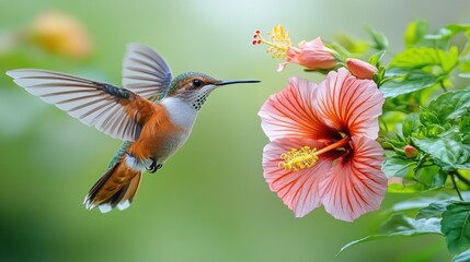 Fototapeta premium Hummingbird hovering near a hibiscus flower.