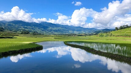 Obraz premium Breathtaking reflection of rice paddies under a clear blue sky with fluffy clouds in nature's serenity