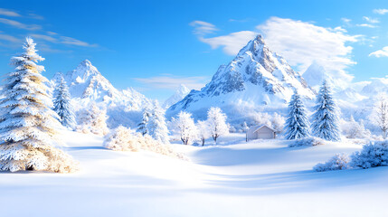 Obraz premium A serene winter landscape featuring snow-covered mountains and frosted trees under a bright blue sky