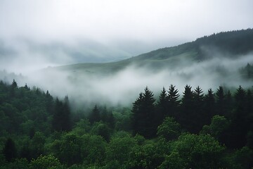 A misty forest landscape with rolling hills and dense greenery, evoking tranquility and nature.