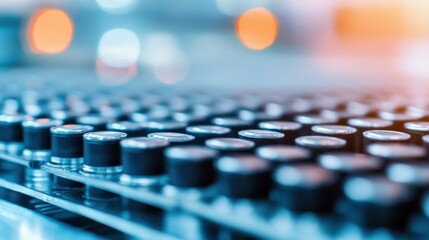 Obraz premium A close-up view of circular objects arranged in rows, with a blurred background featuring warm colors and soft bokeh effects.