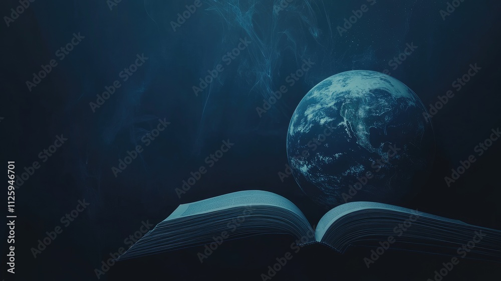 Poster a dark blue background with an open book and globe of earth, representing the global nature of moder