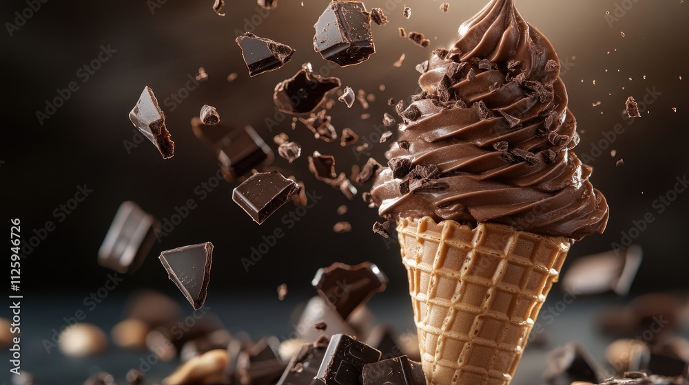 Poster a delectable shot of a chocolate ice cream cone with glossy icing falling into scattered chocolate p