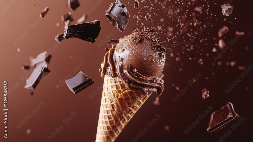 Poster a delectable shot of a chocolate ice cream cone with glossy icing falling into scattered chocolate p