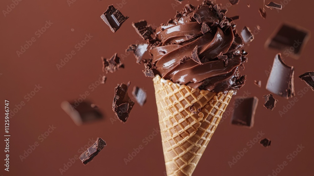 Poster a delectable shot of a chocolate ice cream cone with glossy icing falling into scattered chocolate p