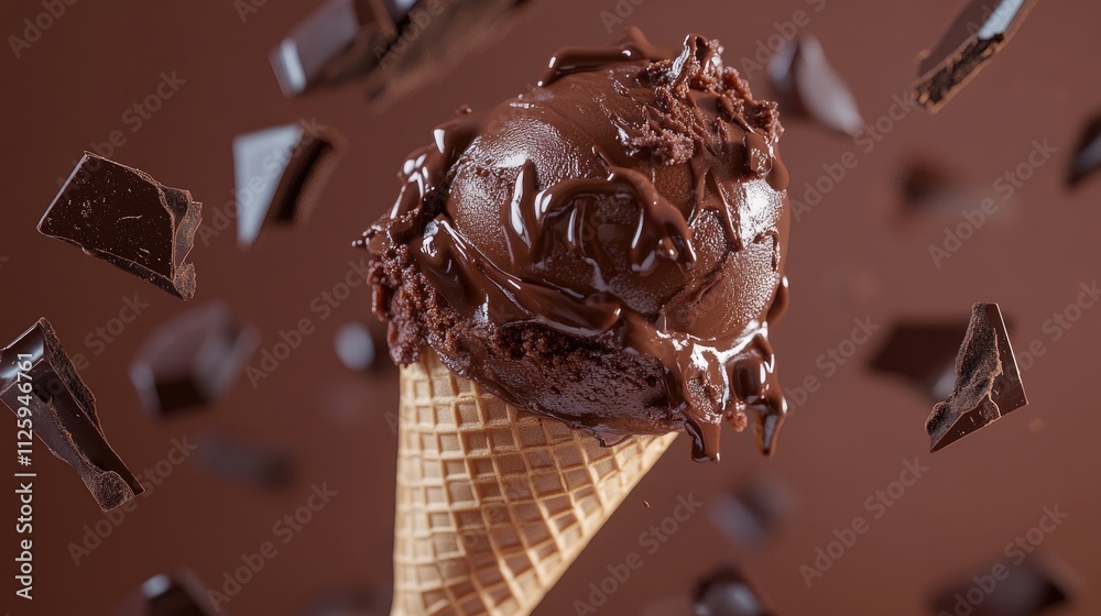 Poster a delectable shot of a chocolate ice cream cone with glossy icing falling into scattered chocolate p