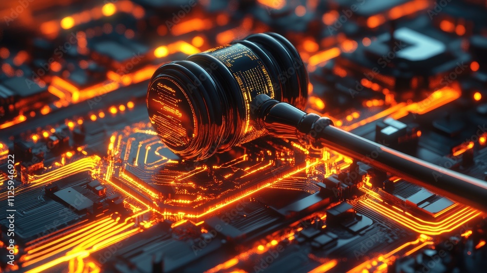 Poster a digital gavel surrounded by glowing circuitry, representing the fusion of law and technology in th