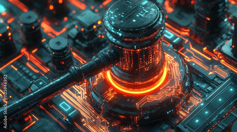 Poster a digital gavel surrounded by glowing circuitry, representing the fusion of law and technology in th