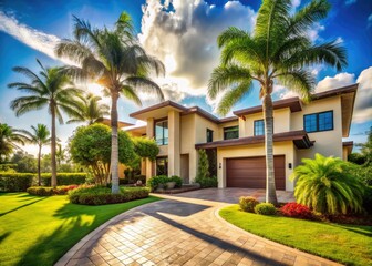 Fototapeta premium Modern Palm Tree House Entrance - Wide Architecture Landscape Photography