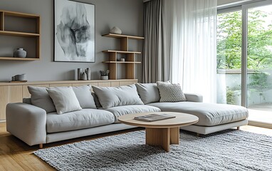 Fototapeta premium Modern living room with comfortable sofa, minimalist decor, and natural light.