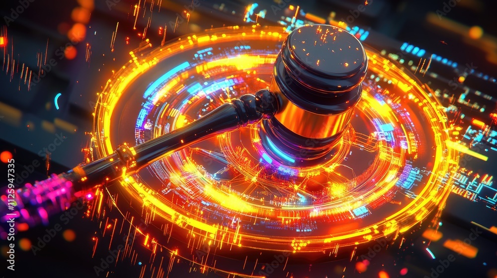 Poster a digital representation of a gavel encircled by vibrant, glowing circuits, representing the integra