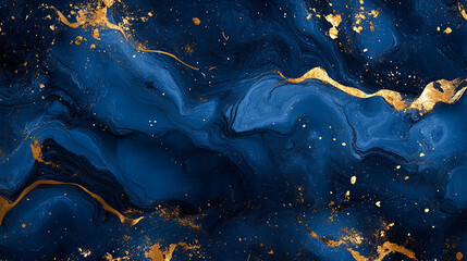 Luxurious abstract marble texture in shades of blue with elegant gold splashes