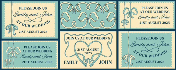 Trendy pastel templates with Coquette ribbon bows. Romantic sweetcore wedding invitation frames and borders. Elegant vintage vector set