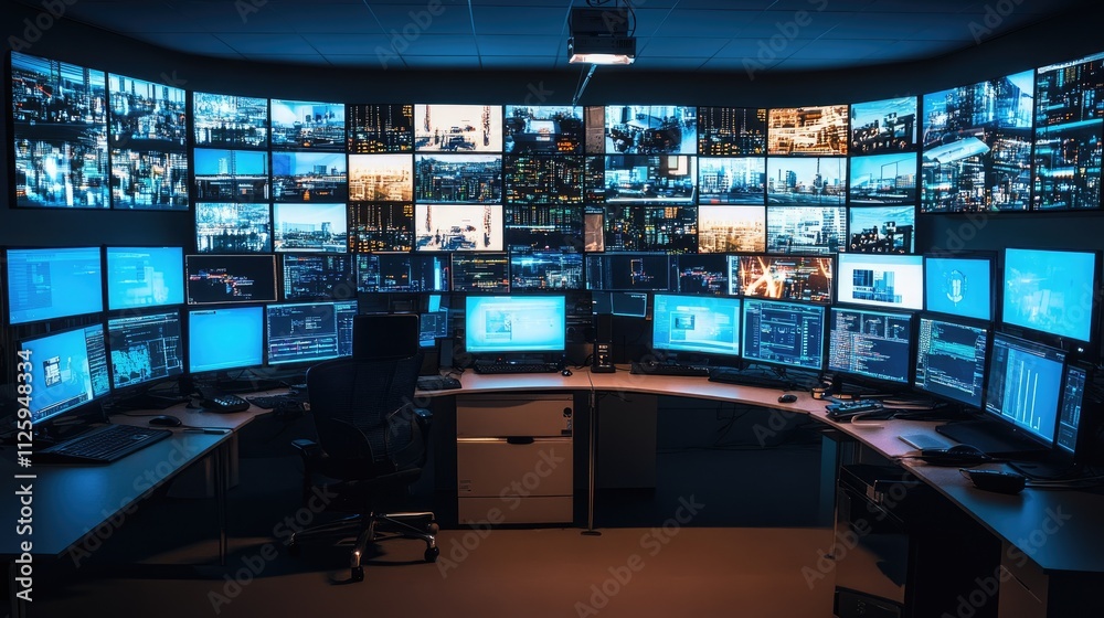 Poster a futuristic control room with monitors and real-time data, depicting surveillance and high-tech ope