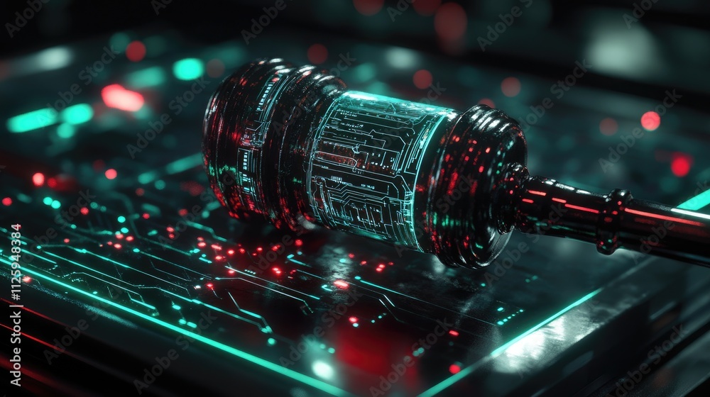 Poster a futuristic digital gavel with glowing circuits, symbolizing the convergence of technology and the 